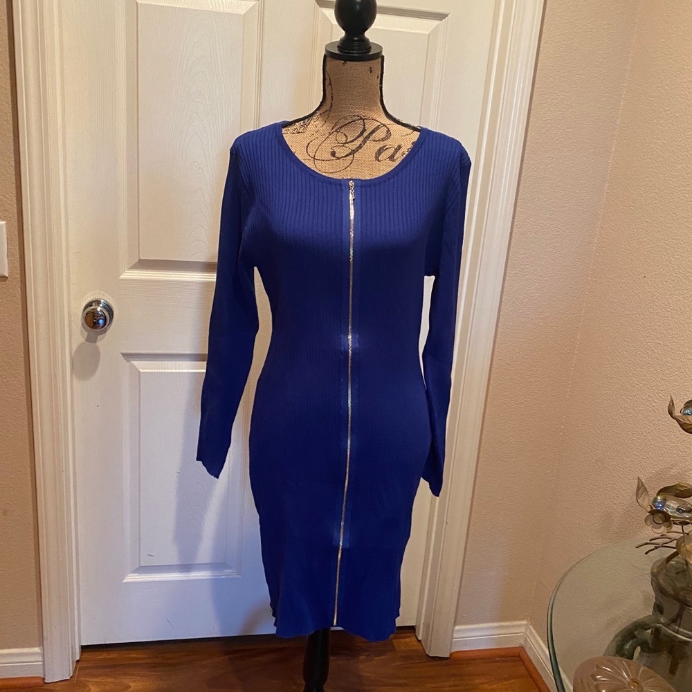 - Blues sweater dress with faux front zipper.